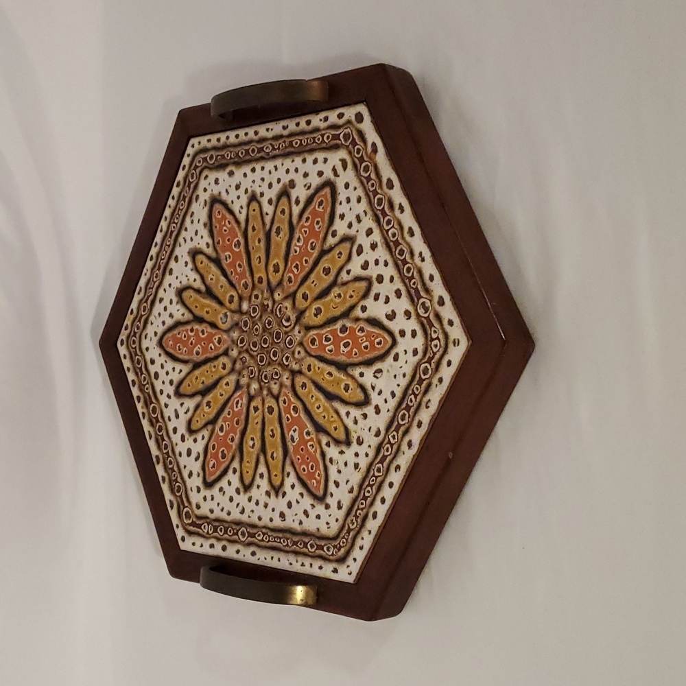 Vintage Trivet Italy Semigres Tile Flower Wood Design with Brass Handles